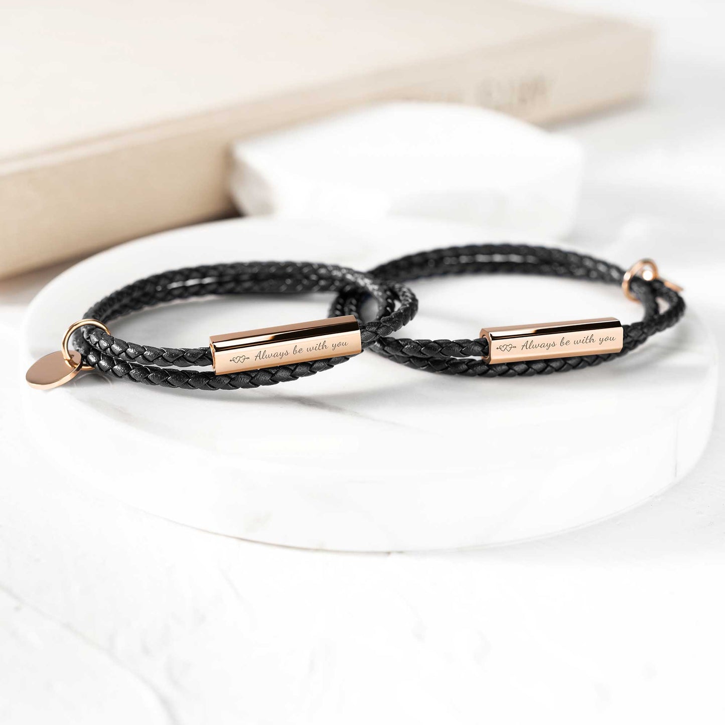 Black Leather Bracelet with Engraved Bar