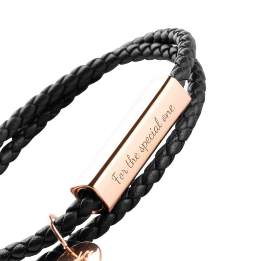Black Leather Bracelet with Engraved Bar